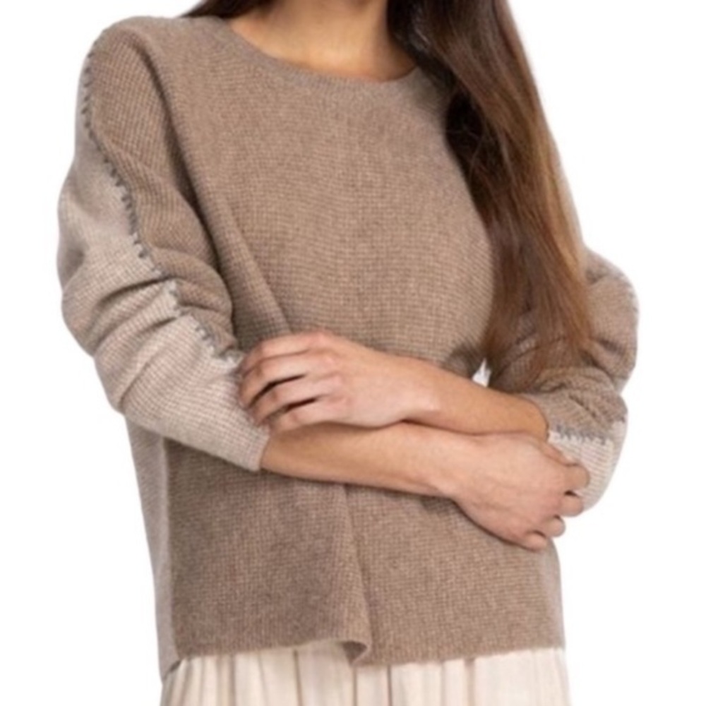 JOHNNY WAS CALME Taupe Color Block Cashmere Waffle Texture Sweater